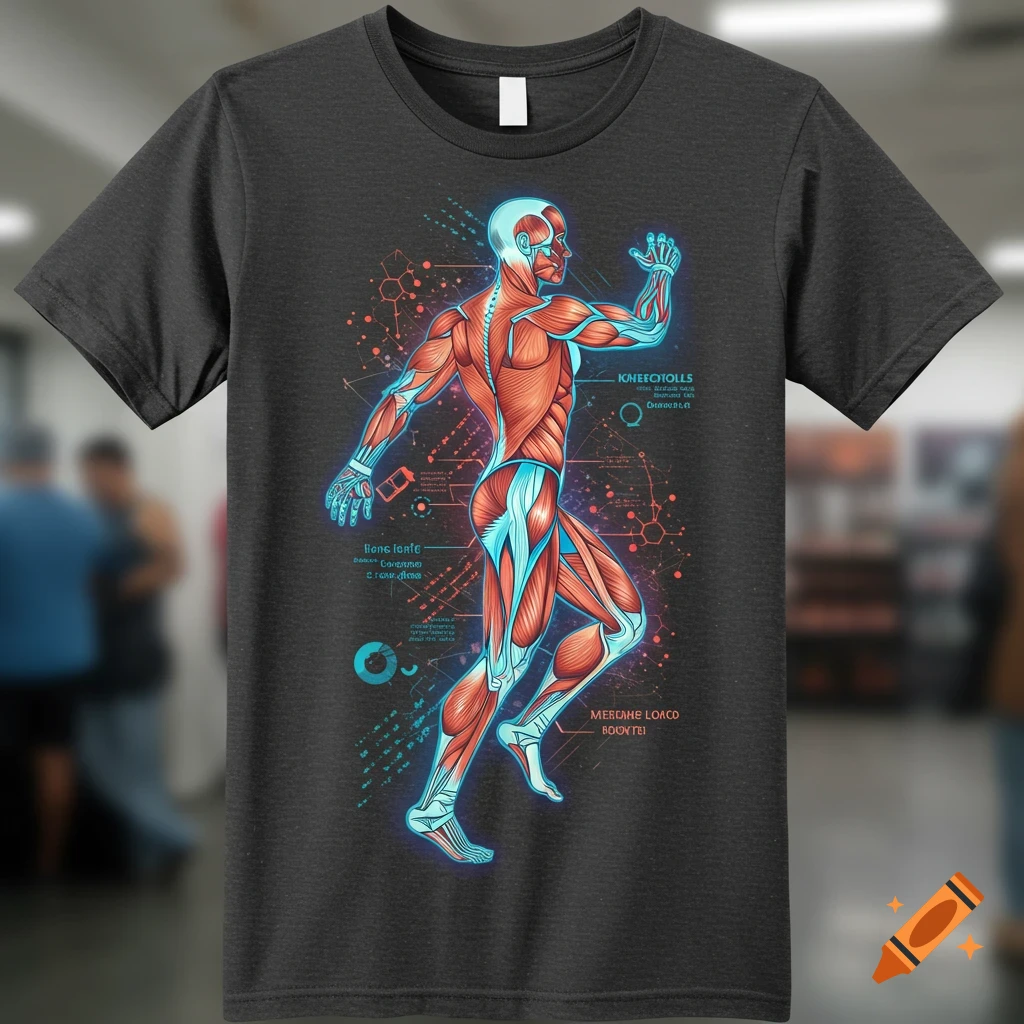 A human anatomy diagram on a dark grey t-shirt.