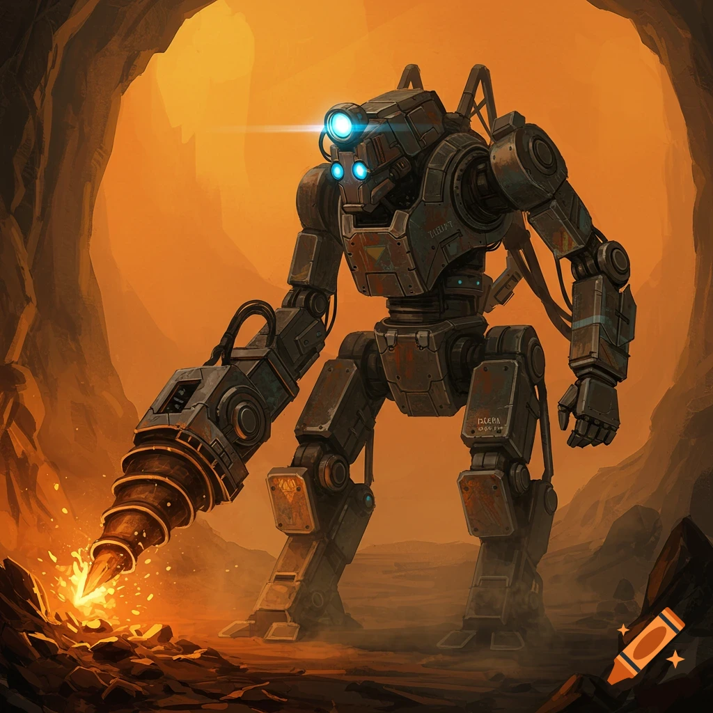 A large robot miner with a drill arm is working in an underground cave.