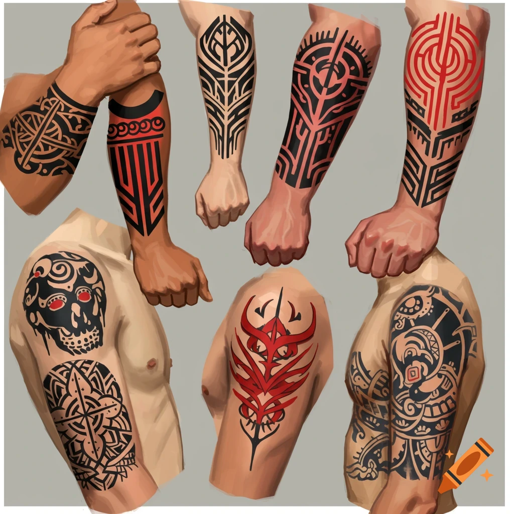 Study of various arms and torsos with black and red abstract and tribal tattoos.