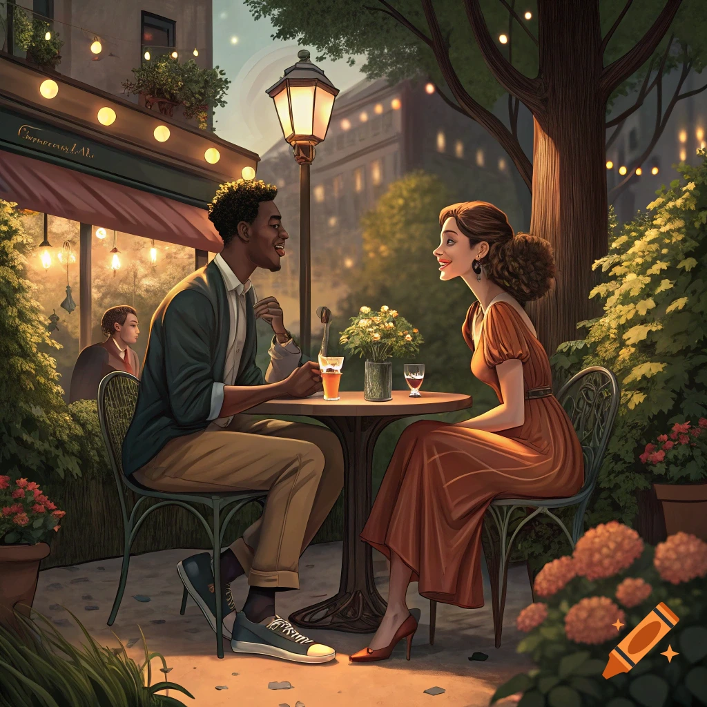 Illustrative scene of a couple having drinks at an outdoor cafe at dusk