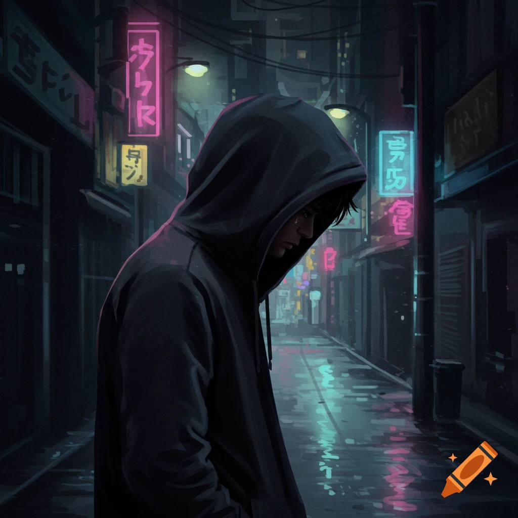 A sad man in a hoodie stands in a neon-lit urban street at night.