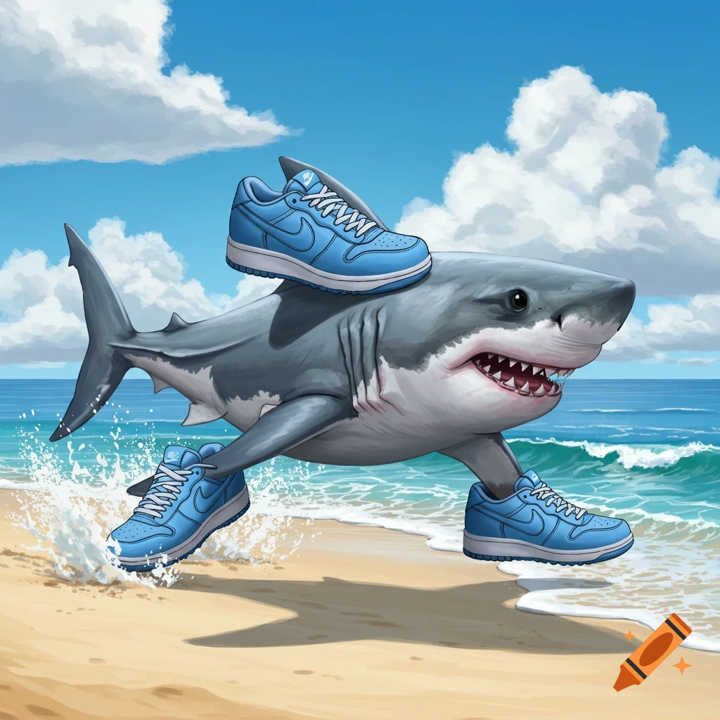 Cartoon shark wearing blue sneakers and running on a beach