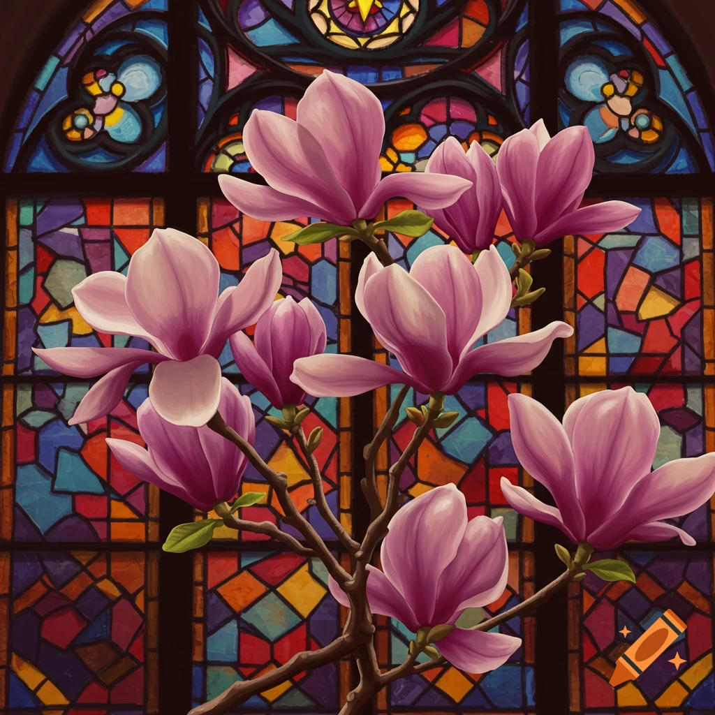 Magnolia flowers in front of a colorful stained glass window.