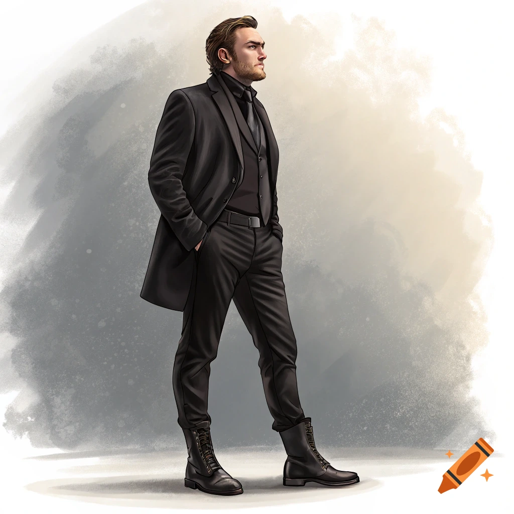 Illustration of a man in a black suit, vest, and boots.