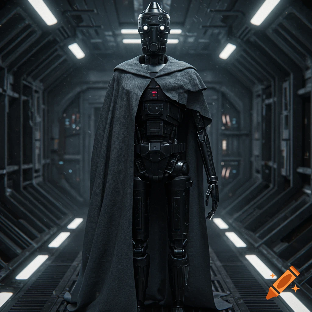 A black robot in a dark cloak stands in a futuristic corridor.