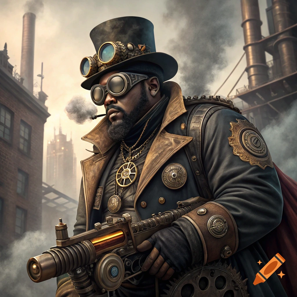 A steampunk character in a top hat and goggles holds a complex weapon in an industrial setting.