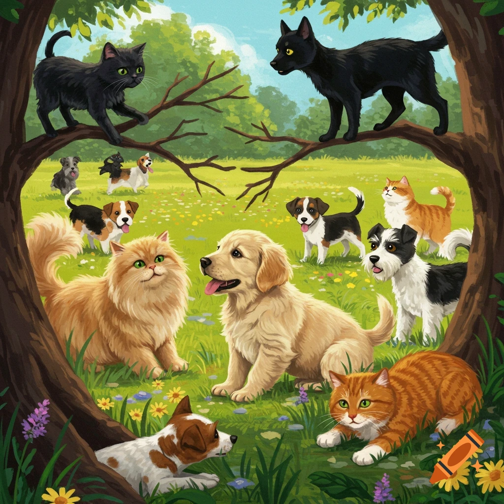 Various cats and dogs are shown in a field, framed by trees.