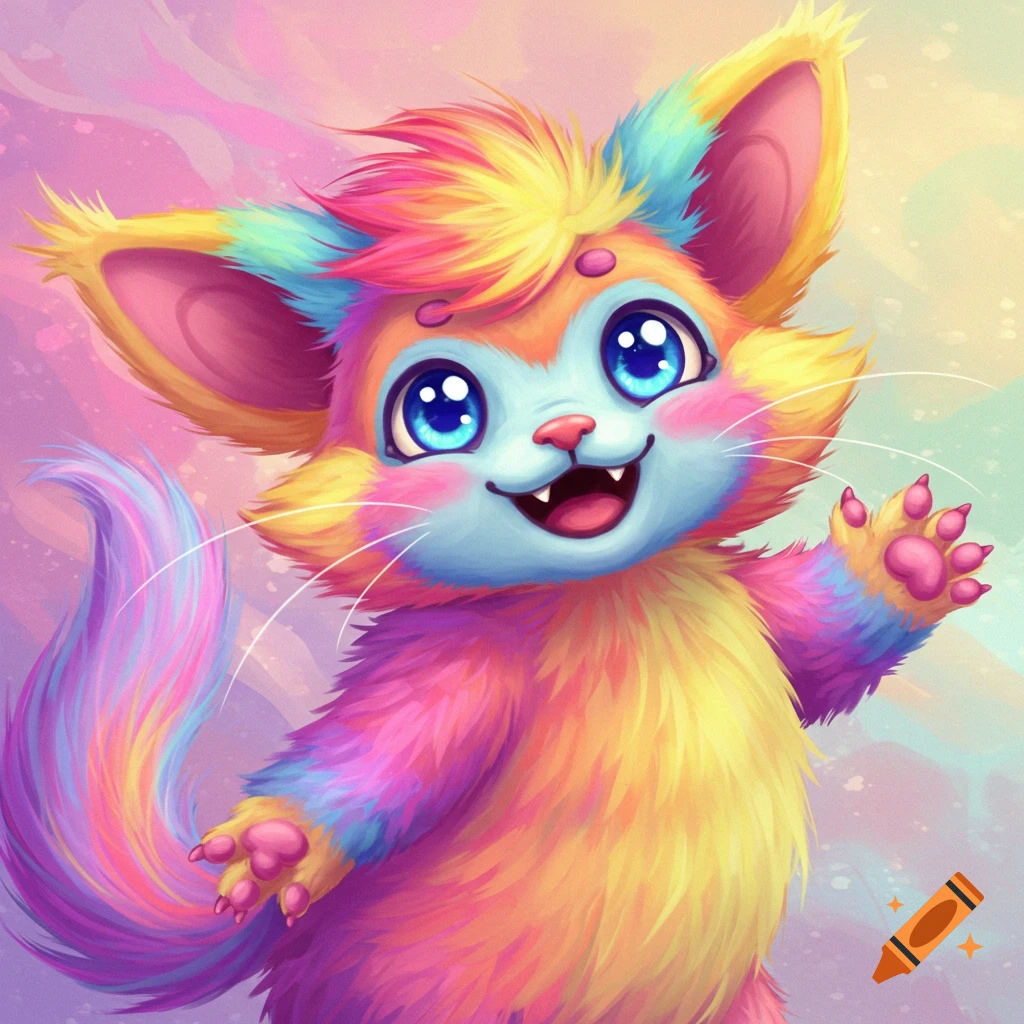 Colorful fluffy creature waving