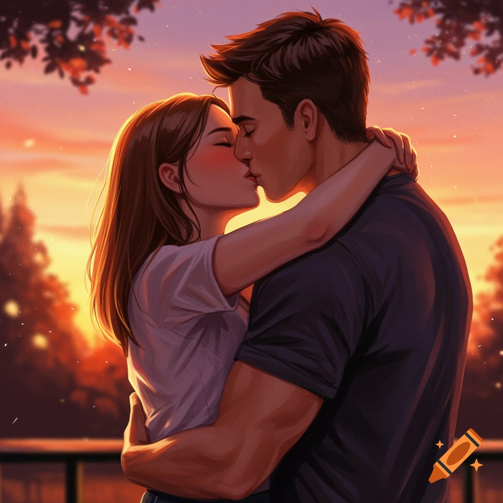 A couple kissing at sunset.