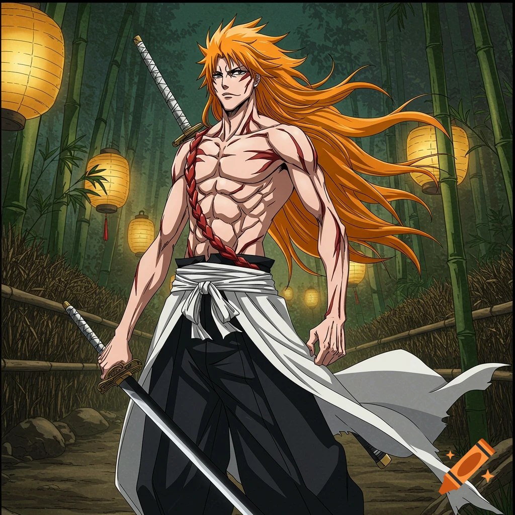 Anime character resembling Ichigo from Bleach, shirtless with scars, holding swords in a bamboo forest.