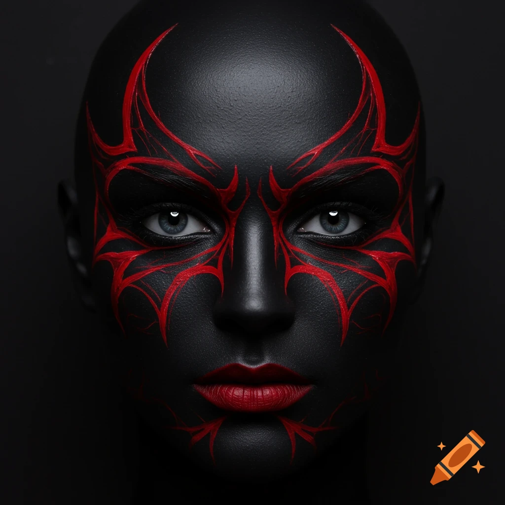 Close-up portrait of a person with black body paint and striking red tribal markings on their face.