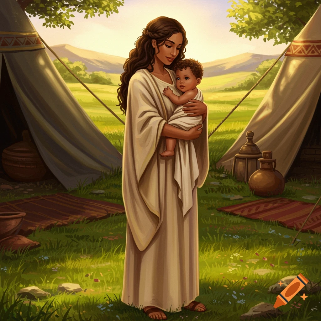 A woman in ancient attire holds a baby in a sunny, grassy landscape with tents.