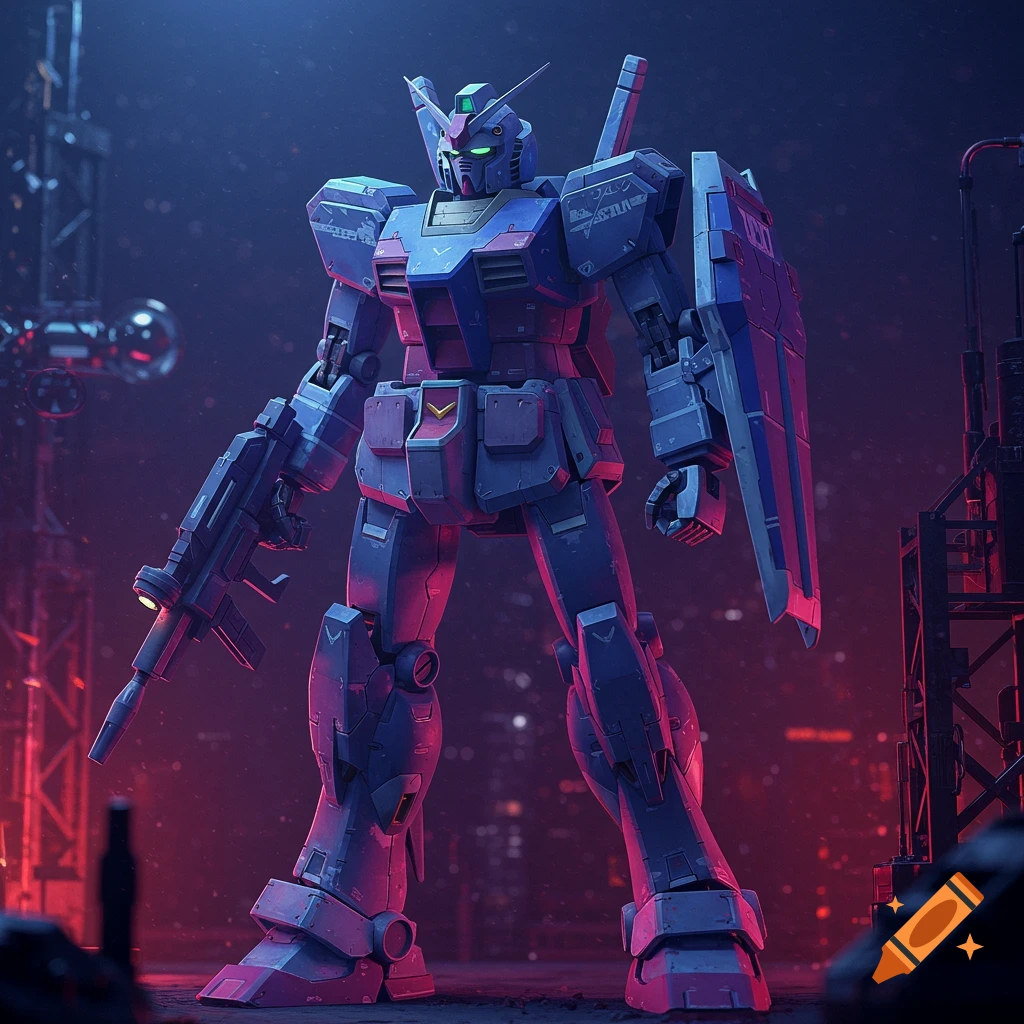 A large blue and purple robot stands in a dark urban environment, holding a rifle and shield.