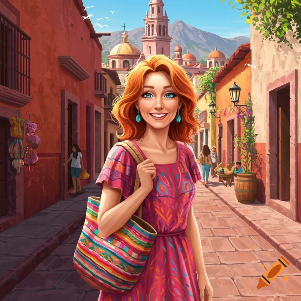 A smiling red-haired woman with a colorful bag in a sunny street of a Mexican town.