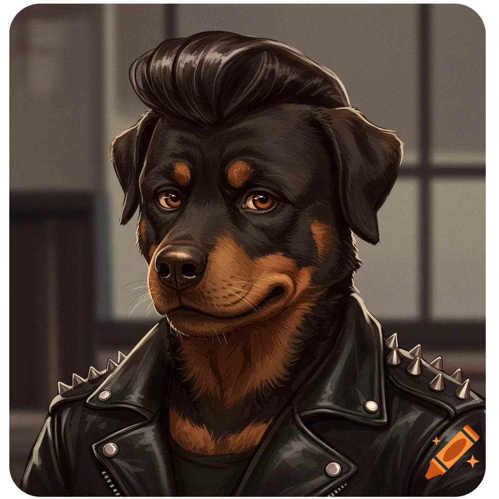 A Rottweiler German Shepherd mix dog wearing a leather jacket and a 1950s hairstyle.