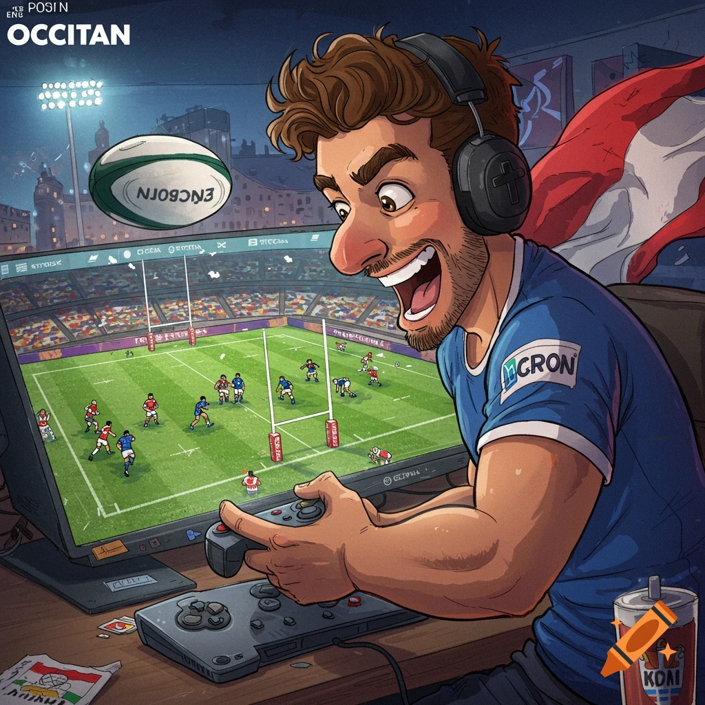 Cartoon man playing a rugby video game, digital illustration.