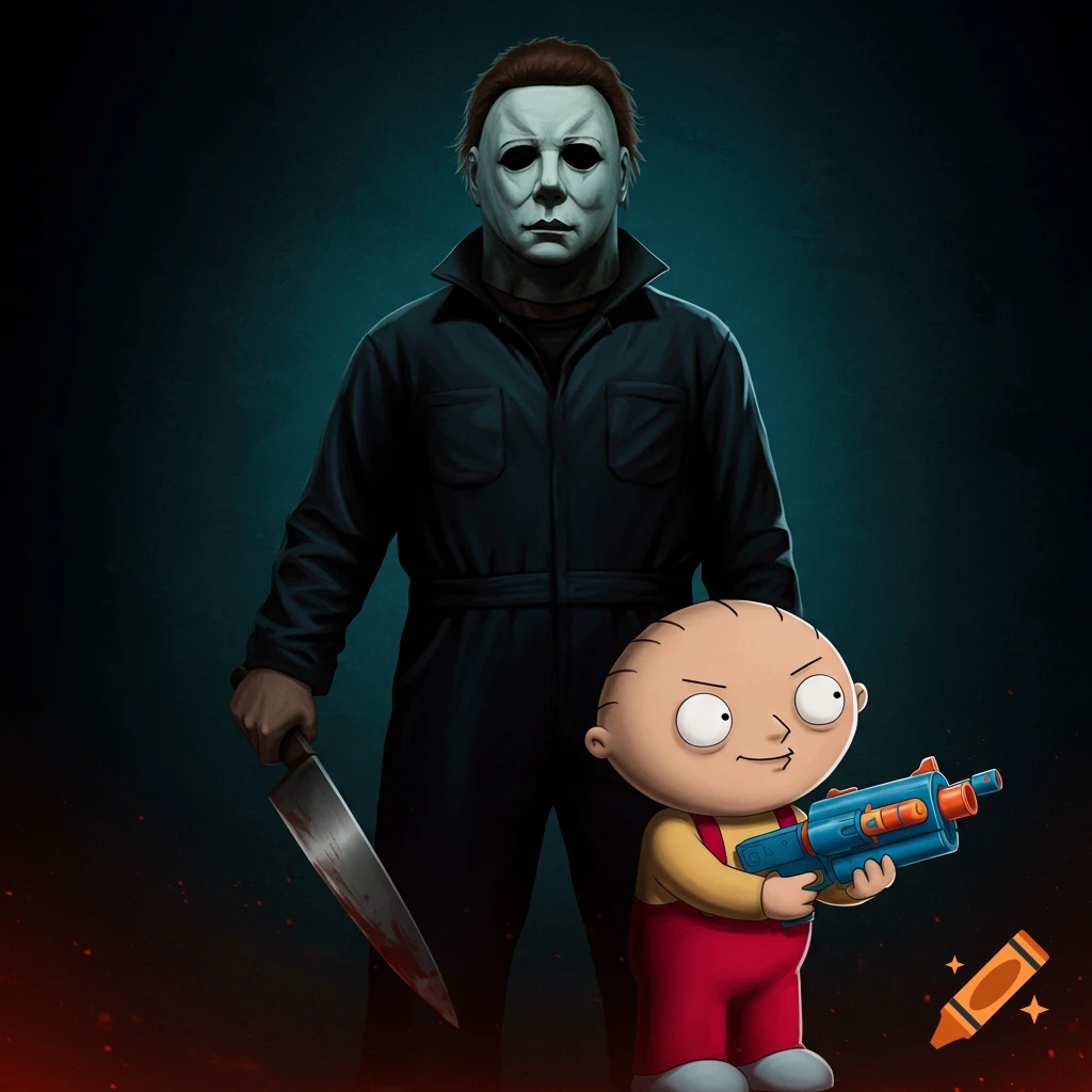 Michael Myers holding a knife next to Stewie Griffin holding a toy gun.