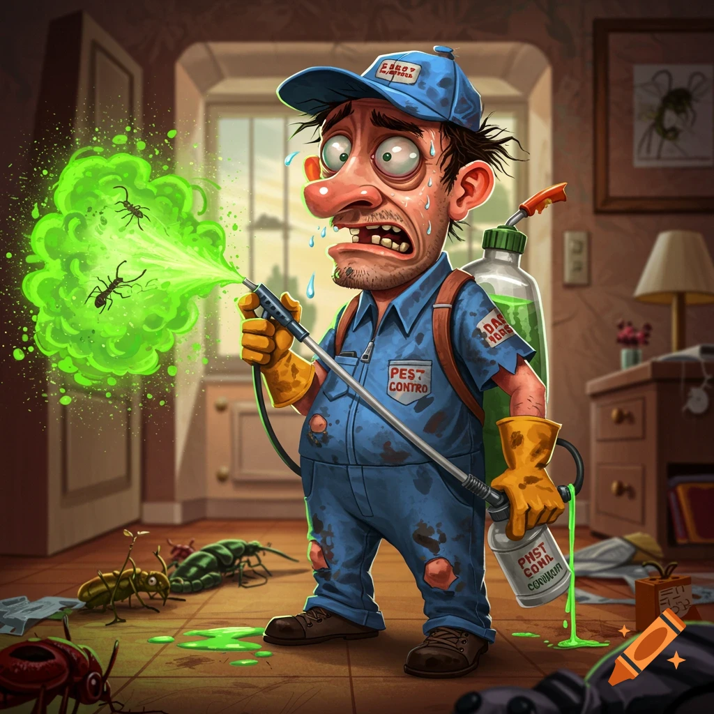 Cartoon pest control technician spraying bugs in a messy room.