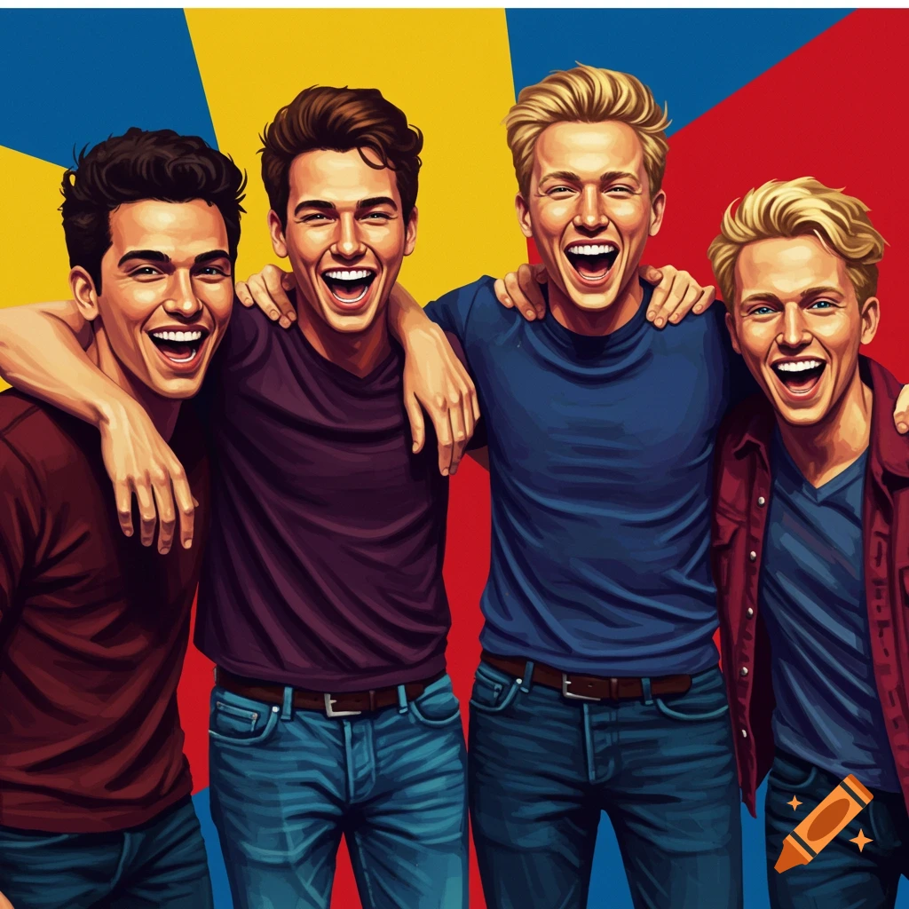 Four smiling young men with arms around each other in a vibrant pop art style.