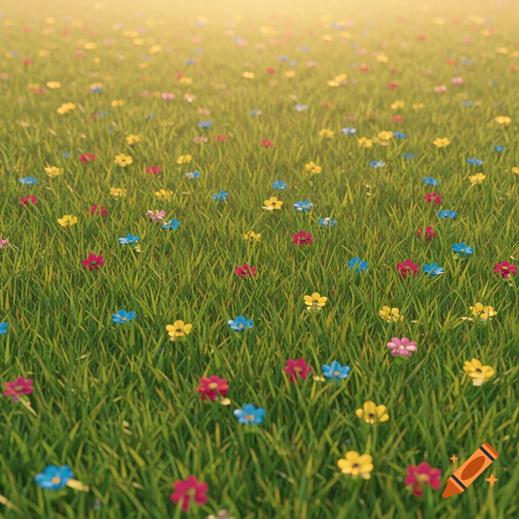 A field of green grass with small colorful flowers under a bright, hazy sky, rendered digitally.