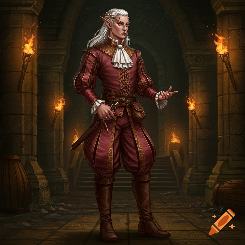 An elf adventurer in a red and gold outfit stands in a torch-lit dungeon.