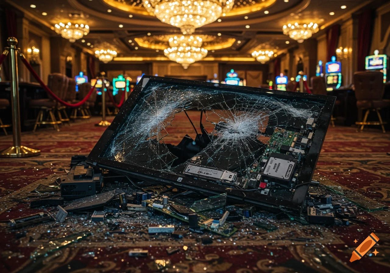 A broken flat screen television lies shattered on the floor of a casino.