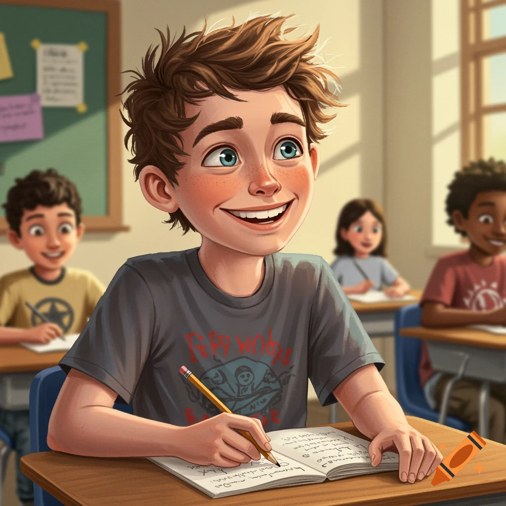 Cartoon illustration of a boy smiling and writing in a notebook in a classroom with other students.