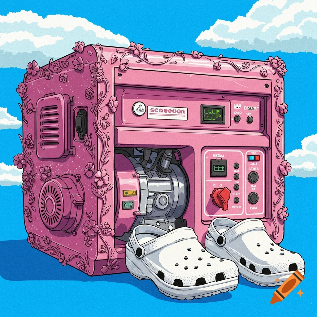 A pink generator decorated with flowers is next to white Crocs under a blue sky.