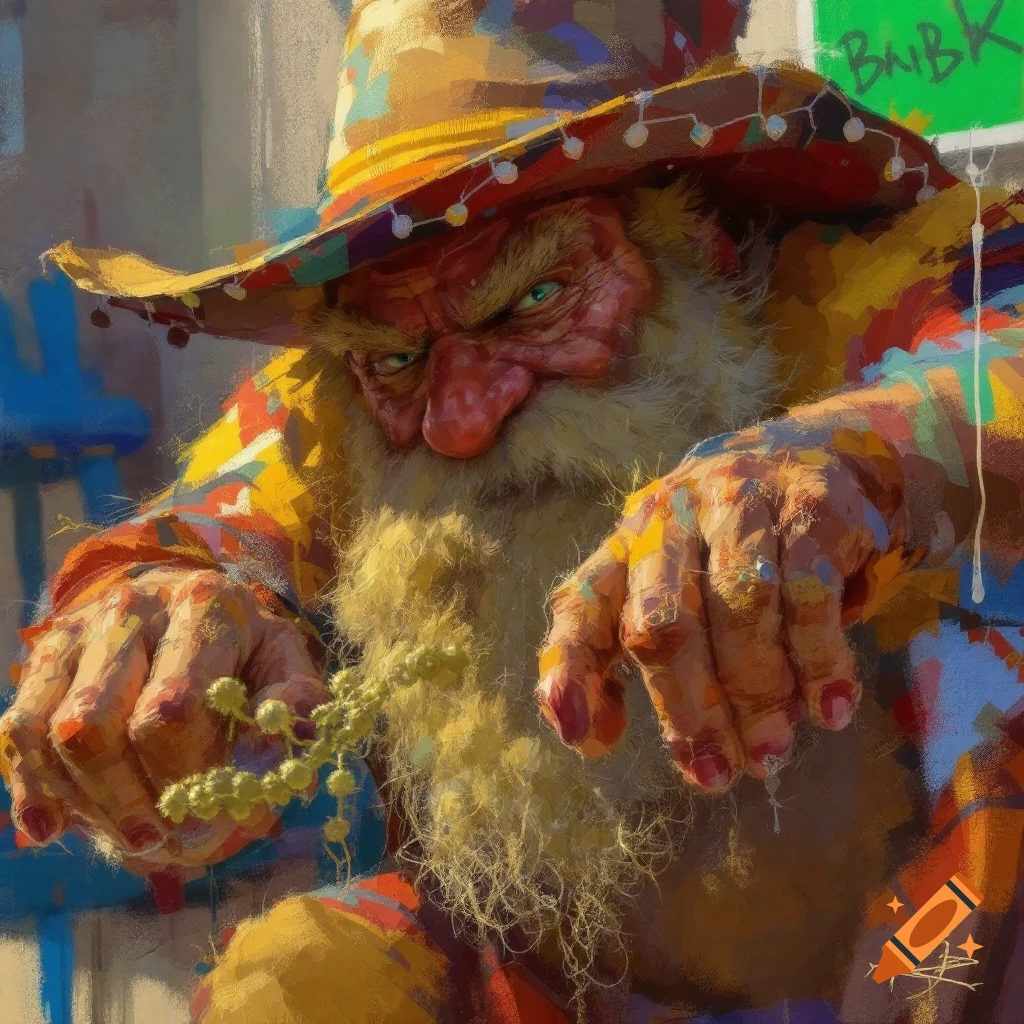 A close-up of a bearded figure in a colorful sombrero, holding a small plant.