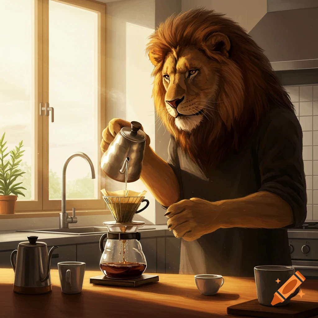 An anthropomorphic lion is brewing coffee using a pour-over method in a kitchen.