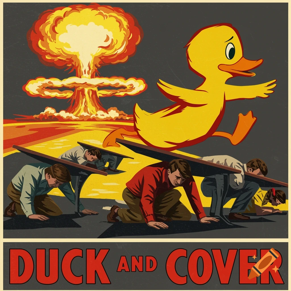 1950s style propaganda poster showing a cartoon duck running while people duck under desks from an atomic explosion.