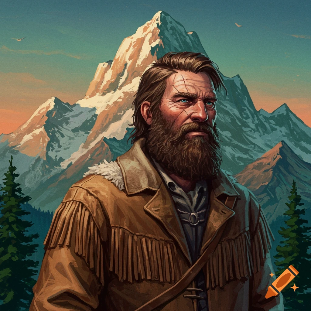 Painting of a bearded mountain man in a fringed jacket against a mountain backdrop.