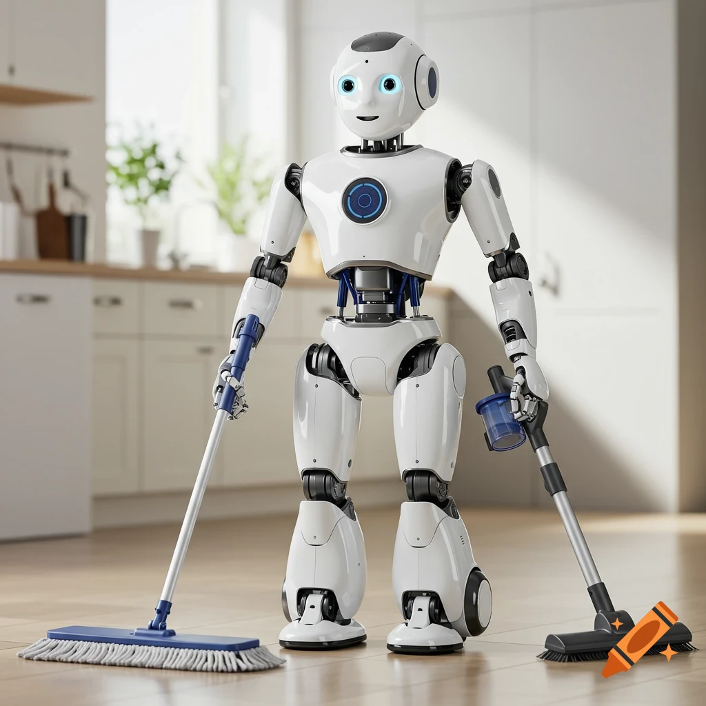 A humanoid robot stands in a kitchen holding a mop and a vacuum cleaner.