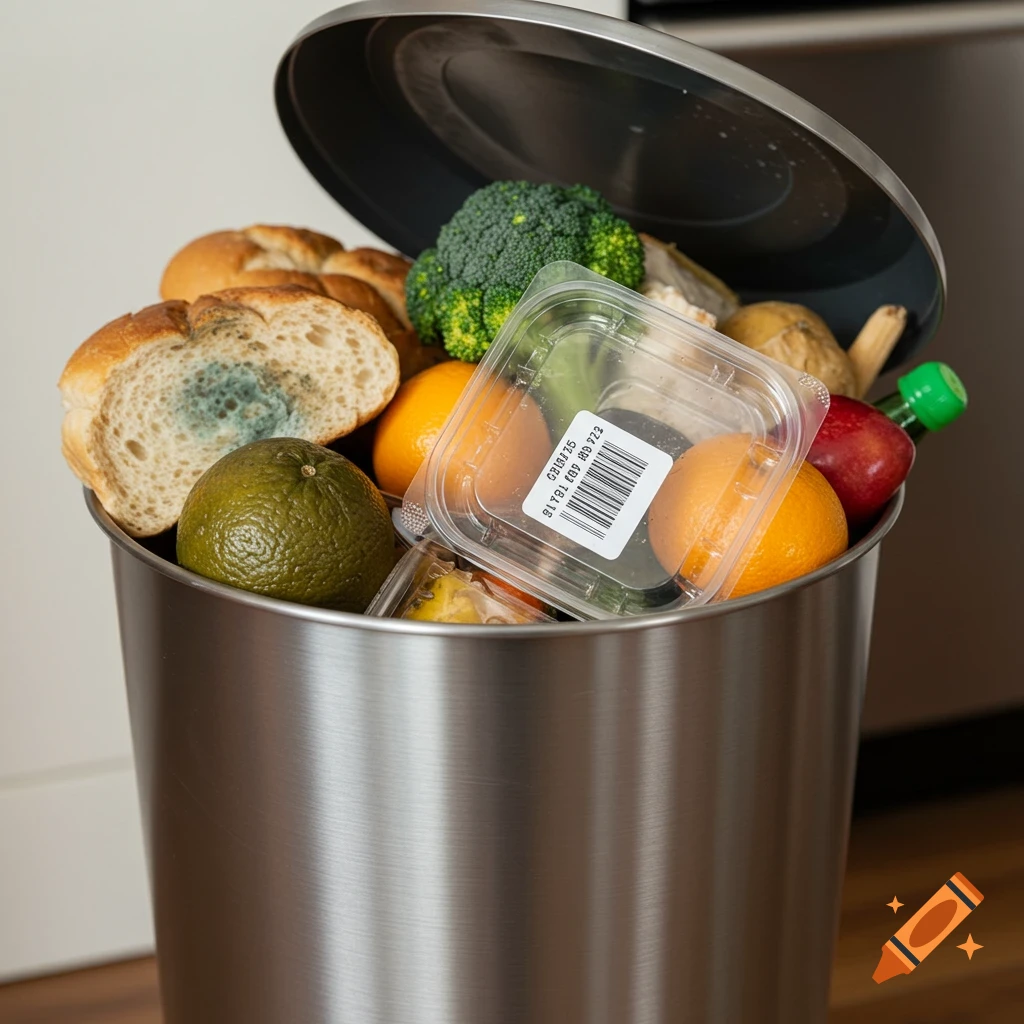A trash can filled with food waste including moldy bread and broccoli.
