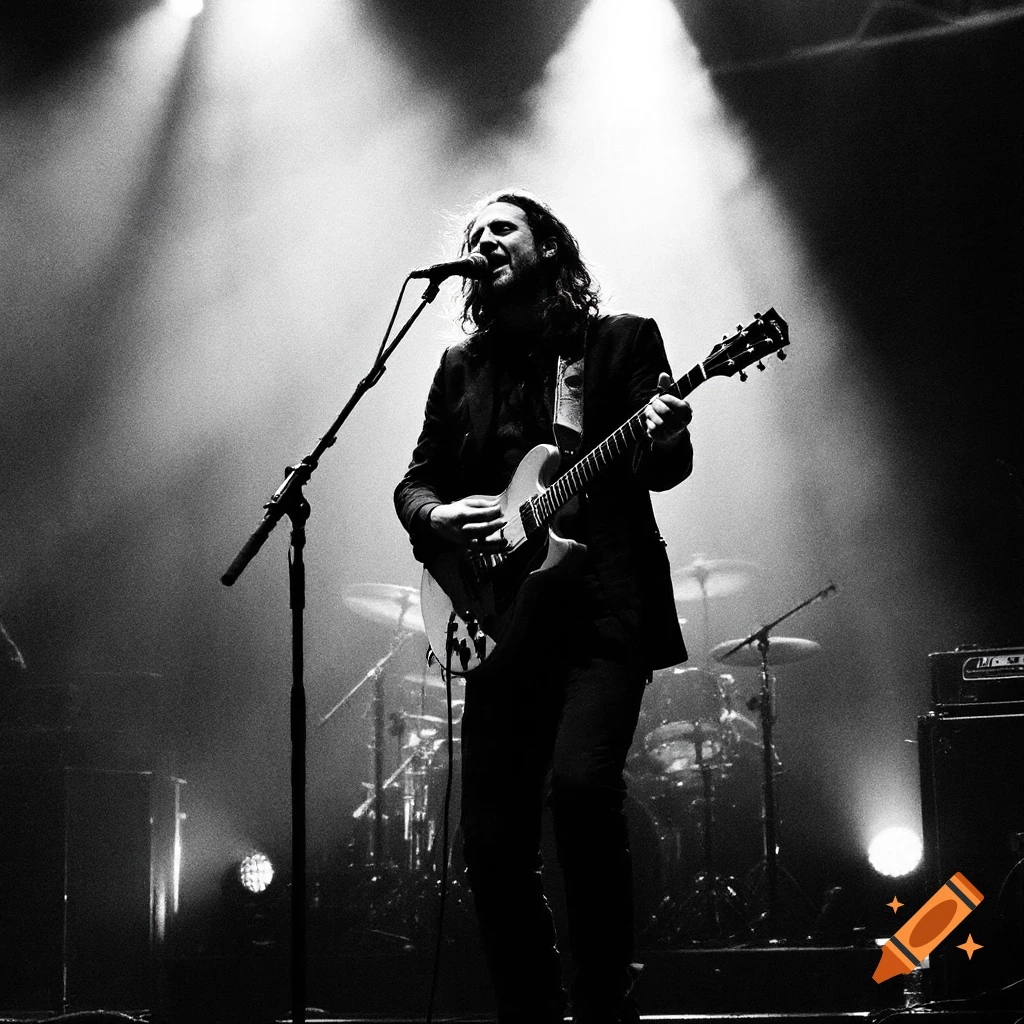 Black and white photo of a musician singing and playing guitar on stage with spotlights.