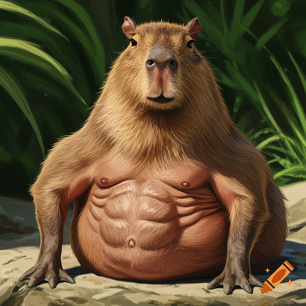 A capybara with prominent abdominal muscles sitting on a rock with green plants in the background.