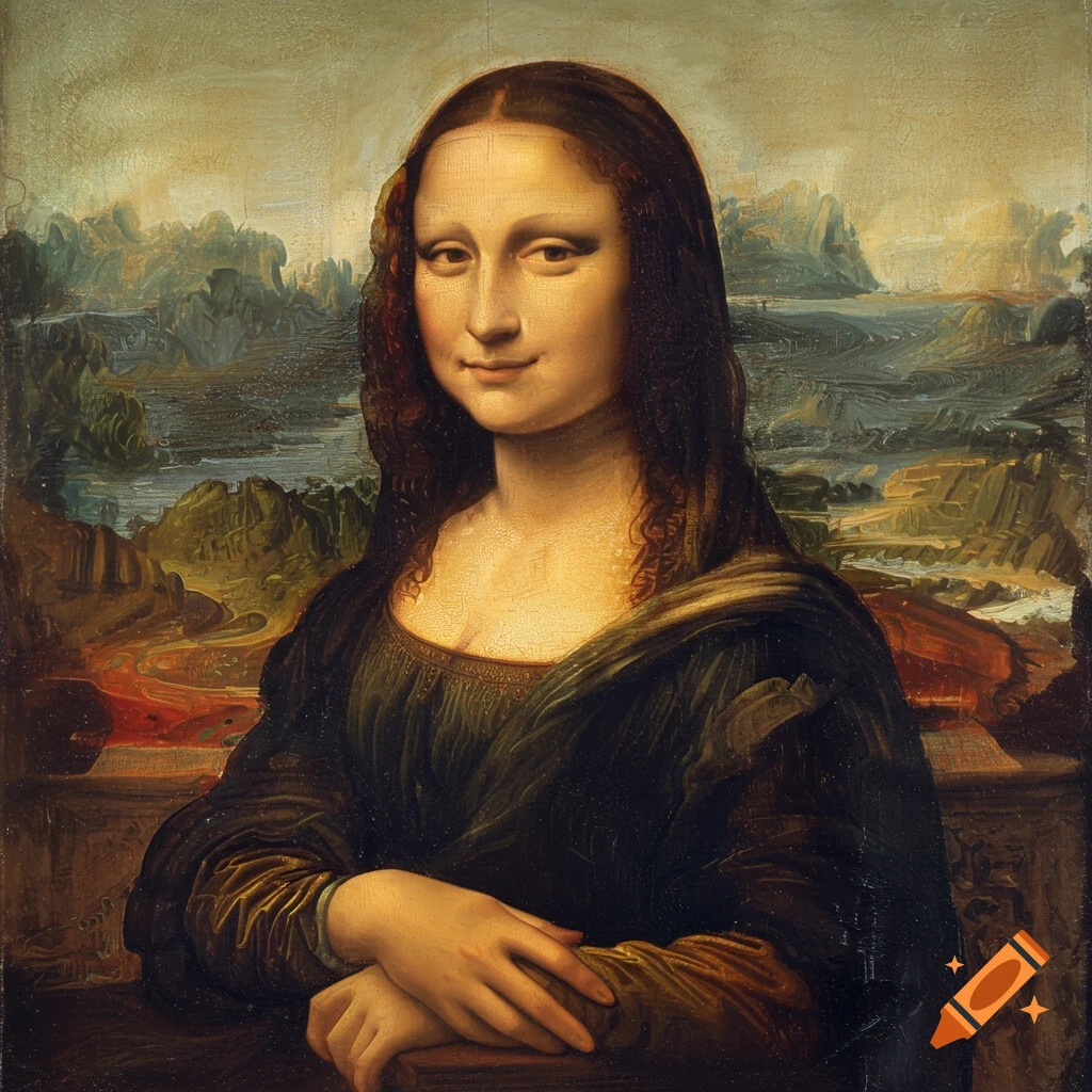 A famous portrait painting, the Mona Lisa, featuring a woman with an enigmatic smile.