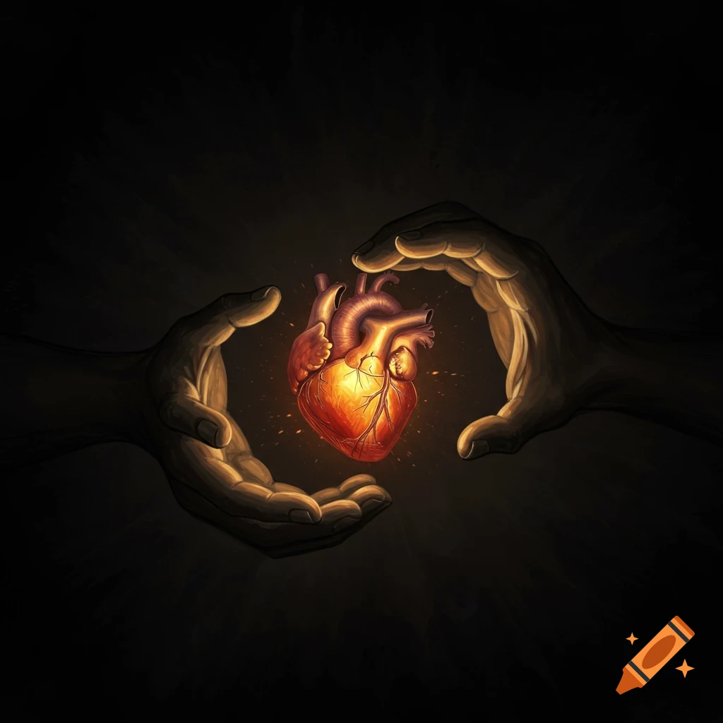 Hands holding a glowing human heart in the dark.