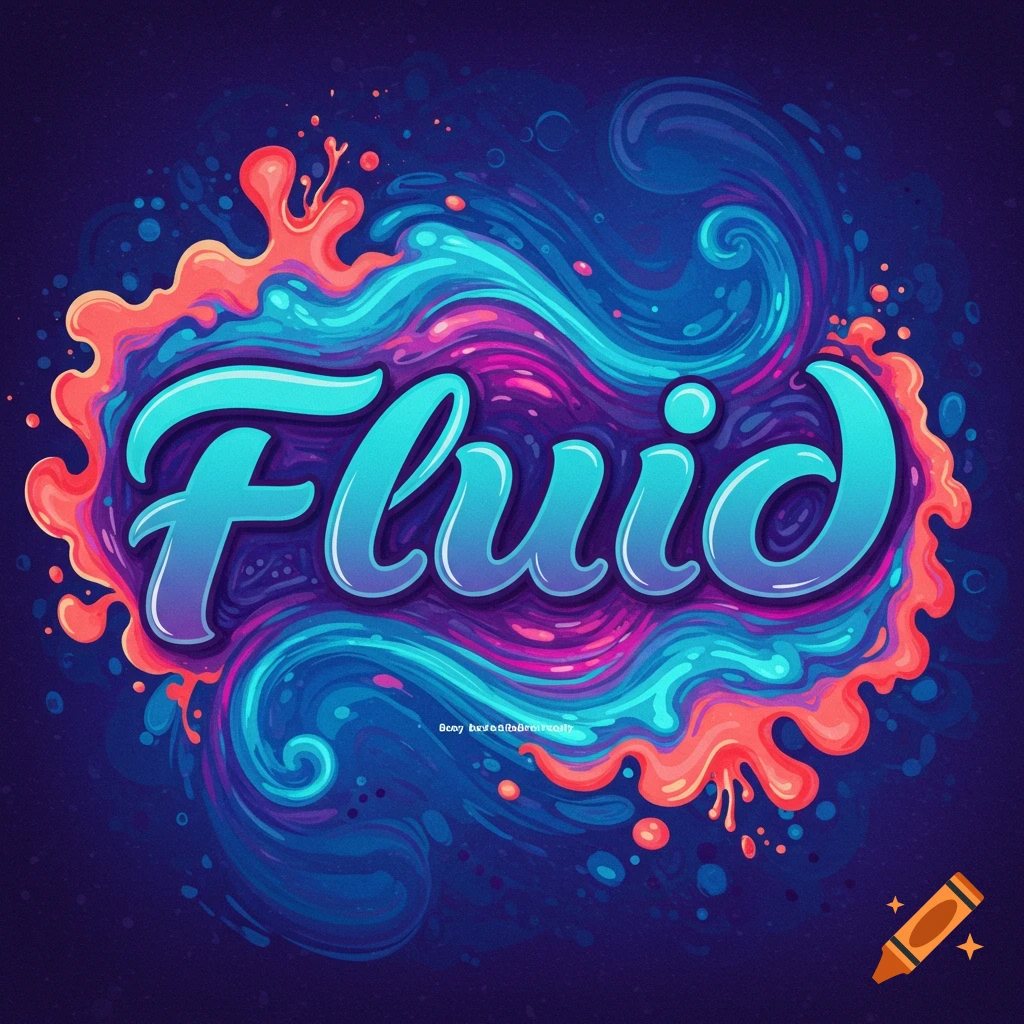 Stylized text of the word 'Fluid' surrounded by colorful abstract shapes.