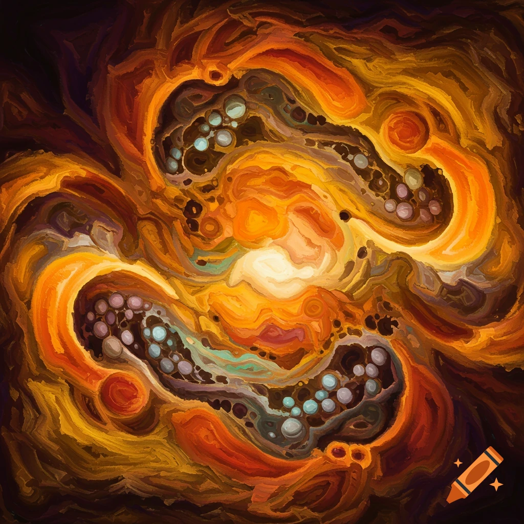Abstract with swirling orange and yellow shapes and bubble-like structures.