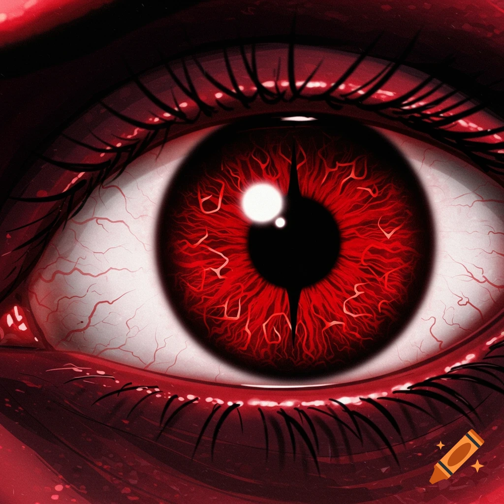 Close-up of a red demonic eye in anime style.