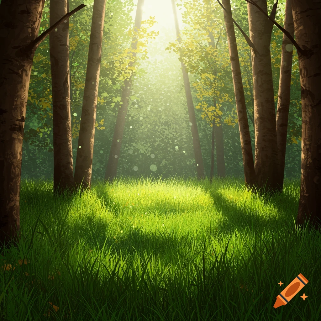 A sunny forest clearing with bright green grass and light filtering through trees