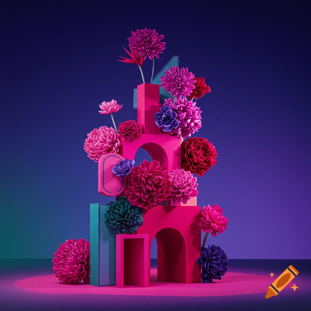 Abstract installation of pink and blue geometric shapes decorated with colorful flowers against a gradient background.