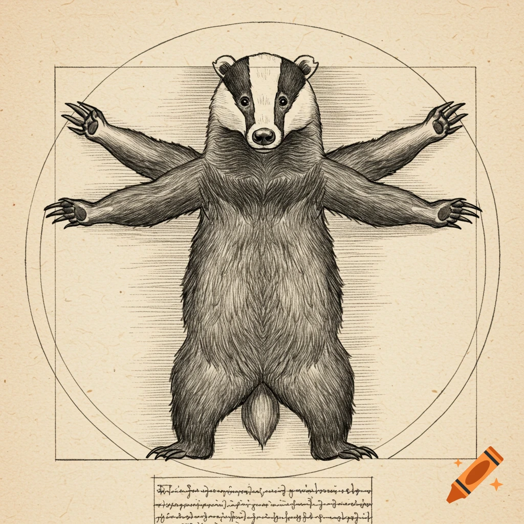 A black and white illustration in the style of Leonardo da Vinci's Vitruvian Man, but featuring a badger with multiple limbs.
