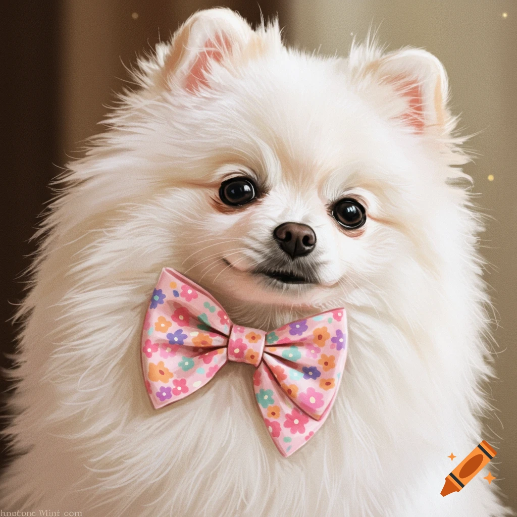 A fluffy white dog wears a pink floral bow tie.