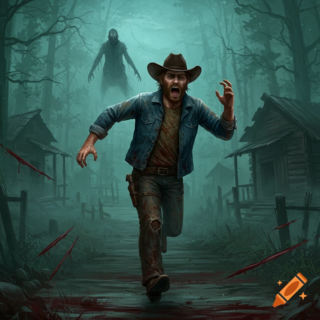 A man in a cowboy hat runs from a shadowy monster in a spooky forest with blood splatter.
