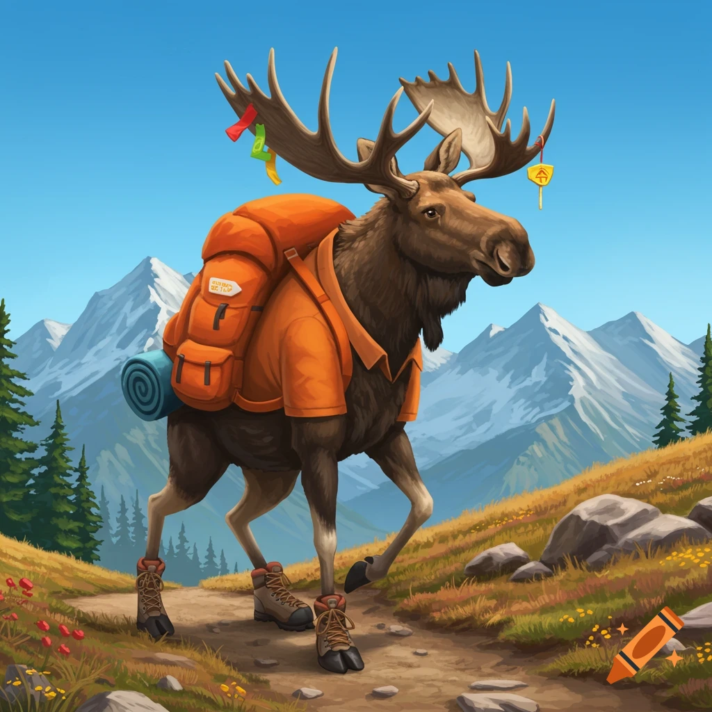 A moose wearing a backpack and boots, hiking on a mountain trail.