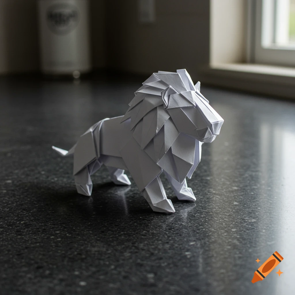 A white paper origami lion stands on a dark granite counter near a window.
