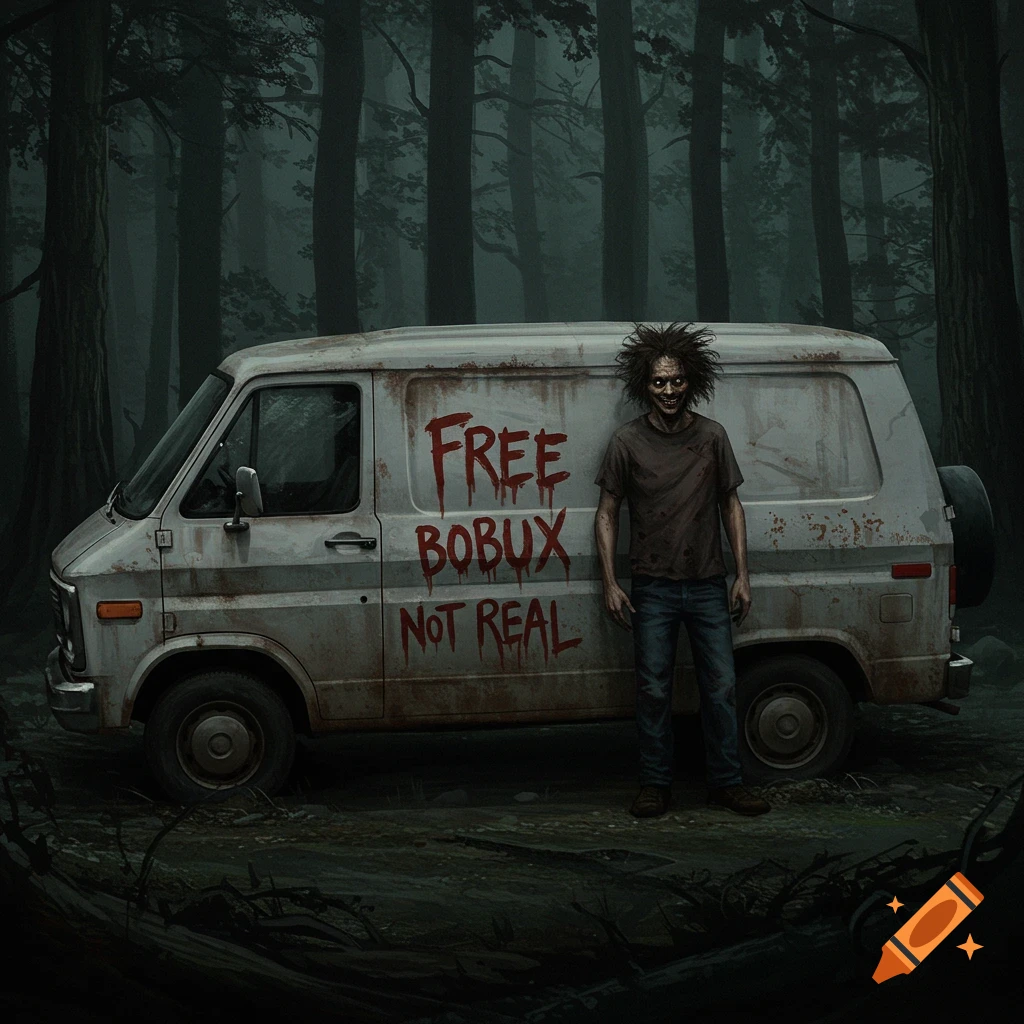A creepy figure stands next to a dirty van in a dark forest. The van has 'FREE BOBux NOT REAL' written in red text.