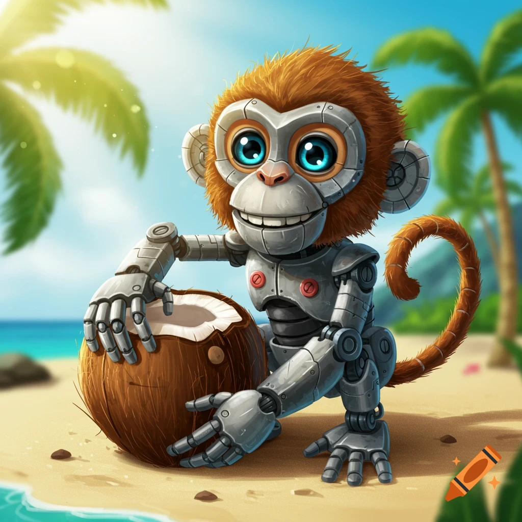 A robot monkey holding a split coconut on a tropical beach.